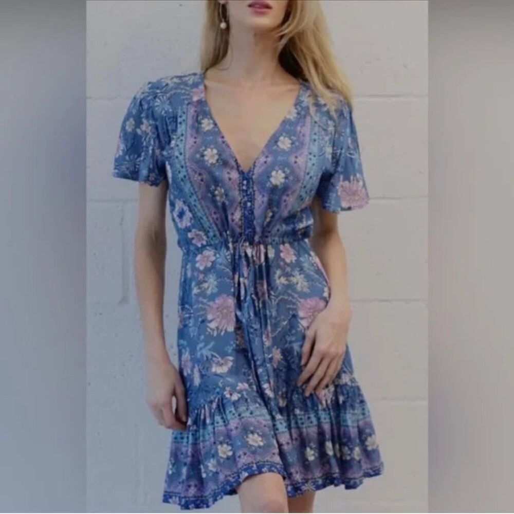 Sea Lustre Blue Purple Floral Patchwork Shift Dress S/M Boho Cottage Prairie